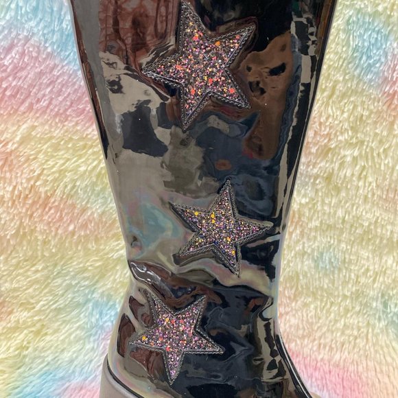 Demonia Dynamite 218 Black Glitter Knee High Platform Boots with Stars - Picture 9 of 9